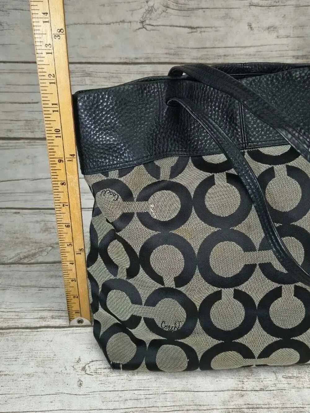 Coach Black & Beige Op Art Signature Canvas Large Tote Bag